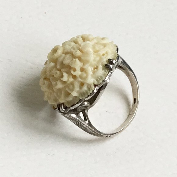 Vintage Carved Celluloid Floral Sterling Silver Prong Set Cocktail Ring As Is - Picture 1 of 7